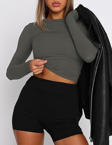 Image of AKEWEI Long Sleeve Crop Tops for Women 2 Pack Fall Going Out Outfits Cute Tight Basic Tees Shirt