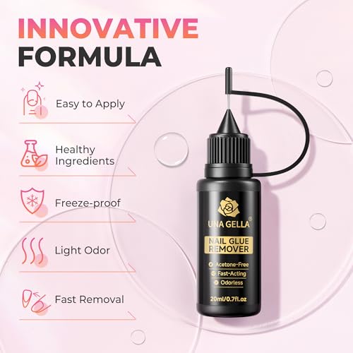 Image of UNA GELLA 20ml*2PCS Nail Glue Remover for Press on, Multi-Functional Pinpoint Glue Remover Fast Removal Gentle Non-Acetone with Crystal Sticks for Nails Polish False Acrylic Nail Tips Home DIY
