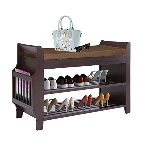 Nurtudis Shoe Rack Bench,Bamboo Shoe Storage Stool With Removable Cushion, 2-Tier Entryway Shoe Storage Organizer Shelf With Side Drawer And Book/Umbrella Basket For Living Room, Bedroom(Medium) #TOP3