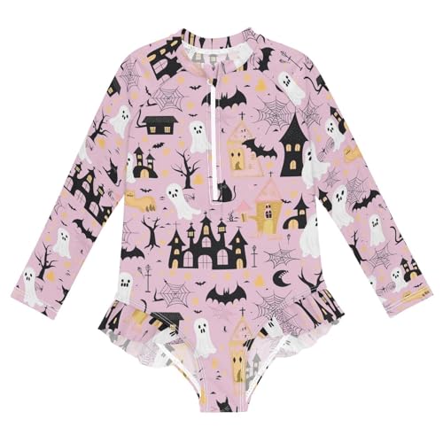 CaTaKu Girls One Piece Swimsuit Halloween Ghost Castle Toddler Bathing Suit Long Sleeve UPF 50+ Rash Guard Swimwear 3-12Y - Main Image