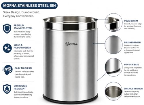 Image of mofna Stainless Steel Open Type Solid Dustbin Without Lid - Recycle Bin, Trash Can, Paper Bin - Modern and Durable Waste Management Solution (Silver, 10x28 Inch, 40 Liter)