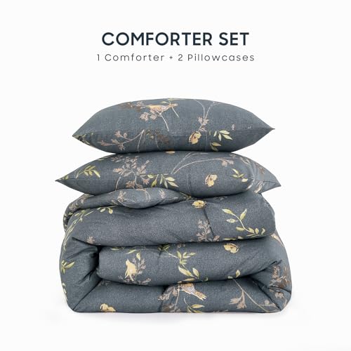 Image of Wake In Cloud - Floral Comforter Set, Birds Flowers Leaves and Branches Pattern Printed for Men Women, Soft Lightweight Bedding, 3 Pieces, Dark Gray, King Size