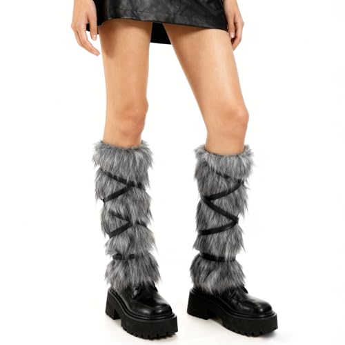 XEPST Calentadores de Piernas Peludos de Piel Sintética para Mujeres Hombres, Calentadores Vikingos Puños de Piel Cálida Accesorio de Cosplay para Disfraz Medieva, Gris