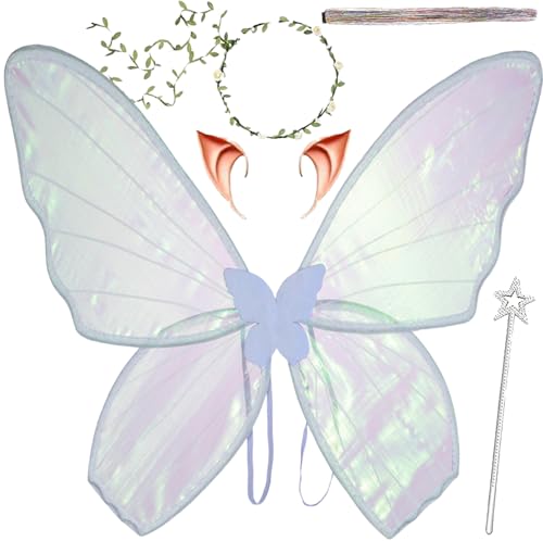 Fairy Wings for Adults，Fairy Costume Set with Floral Garland, Fairy Hair Tinsel, Wand & Elf Ears – 19'x24' Organza Butterfly Wings – Ideal for Cosplay, Party, White
