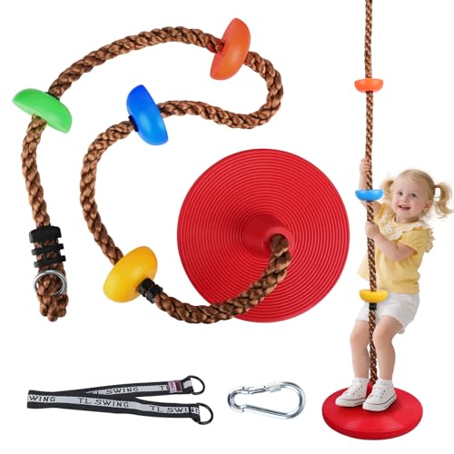 kletterseil,klettergerüst Outdoor,Schaukel Outdoor Kinder Kletterseil Schaukel mit Plattform,Baum Scheibe Schaukel Kletterseil Draussen Tellerschaukel für Garten, belastbar bis ca 200kg（Rot）