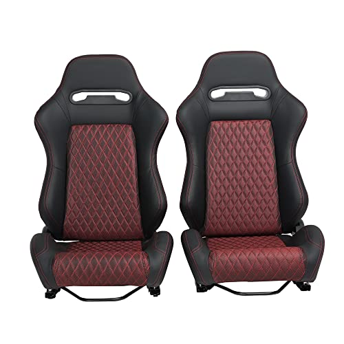 Demotor Performance 2Pcs Universal Adjustable Pvc With Suade Material Black & Red Racing Seats With Double Slider #TOP1