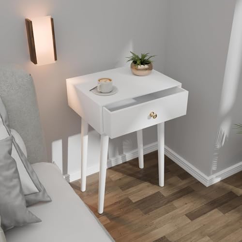 Image of Device Bas with BROWN ART SHOPPEE Coffee Table with Drawer and Solid Wood Legs, Bedside Table for Bedrooms, Century Modern Drawer Storage Cabinet for Living Room Furniture (Full White)