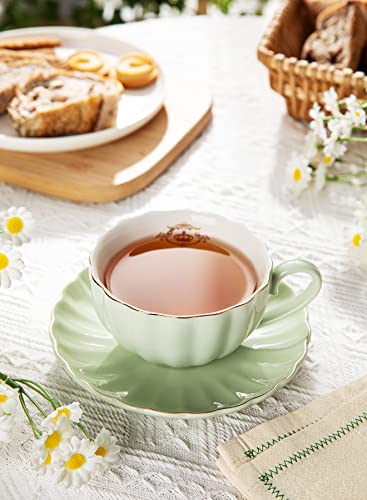 Amazingware Royal Tea Cups And Saucers, With Gold Trim And Gift Box, British Coffee Cups, Porcelain Tea Set, Set Of 6 (8 Oz)- Mint Green #TOP3