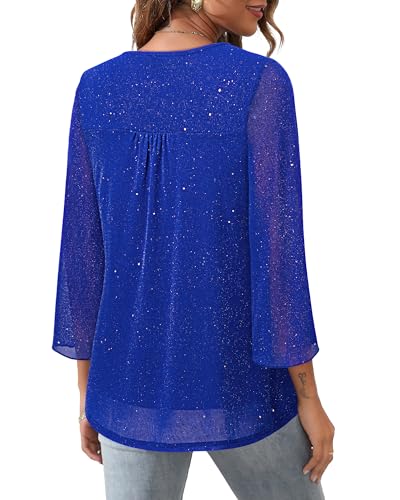 Bebonnie Womens Ruffle 3/4 Sleeve V Neck Double Layers Mesh Blouses Loose Fit Flowy Tunic Tops3