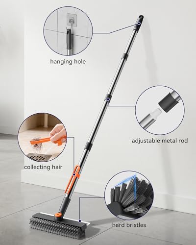 Image of Small Floor Scrub Brush with Length Adjustable Long Handle, 3 in 1 Heavy-Duty Stiff Bristle Scrubber Brush with Squeegee and Tweezer for Cleaning Bathroom, Tile, Deck, Patio, Garage and Kitchen