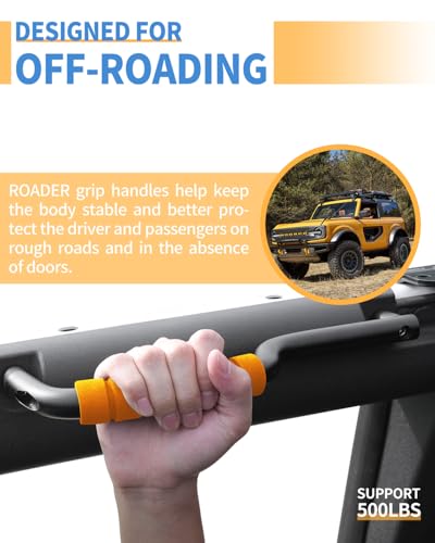 Image of ROADER Bronco Front & Rear Roll Bar Grab Handles for 2024 2025 New Ford Bronco 2021 2022 2023 4 Door, Alloy Grip Handles Bronco Interior Accessories, 4 Pack(Not Fit Bronco Sport)-Orange
