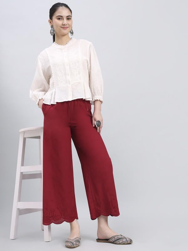 Image of GO COLORS Women's Cotton Hakoba Palazzo | Ankle Length, Schiffli Embroidery, Relaxed Fit, Mid-Rise with Side Pocket