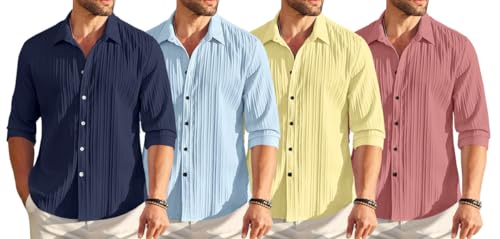 Image of FINIVO FASHION Combo of Men's Casual Cotton Plain Button Down Shirt Long Sleeve Textured Summer Beach Shirt for Men Pack of 4