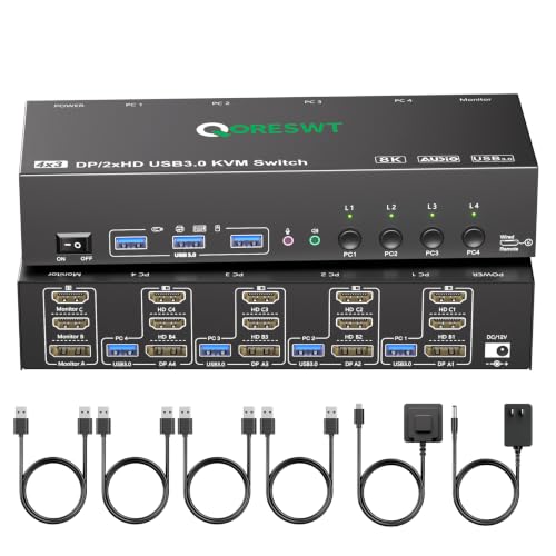 Image of KVM Switch 3 Monitors with Audio, HDMI DisplayPort Triple Monitor KVM Switcher 4 Computers 3 Monitors, Support 8K@30Hz /4k@144Hz for 4 PC Share 3 Display and USB 3.0 Devices
