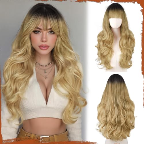 Sofeiyan Gewellte Lange Perücke,60 cm Ombre Blond Hitzebeständige Perücken mit Pony,Synthetische Naturhaar für Frauen,Geeignet für den Täglich Partys Festliche Cosplay