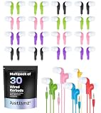 JustJamz 30 Pack Jelly Roll Bulk Earbuds - Multicolor Wired Ear Buds for Classroom, Students, and Kids, 3.5mm Jack - Bulk Headphones Class Set for Chromebook, Library, and Office (No Mic)