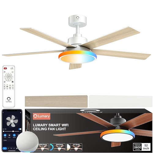Lumary 52'' Smart Ceiling Fan with RGBAI Lights Remote, RGB & Stepless Color Temperature, Work with Alexa/Google/App, 46 Scenes, Modern Flush Mount Low Profile Ceiling Fan for Bedroom Kids Room, White