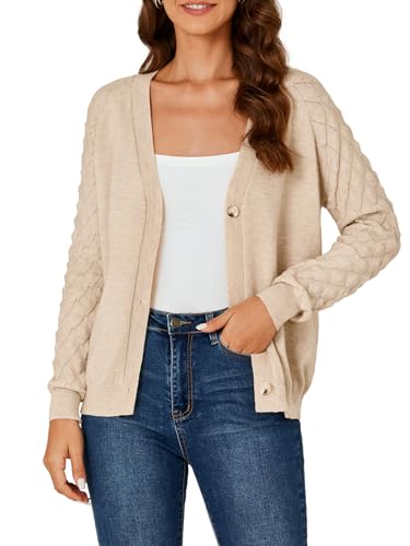 LYANER Women's Cotton Fall V Neck Open Front Cardigan Ribbed Knit Button Down Long Sleeve Sweater Top