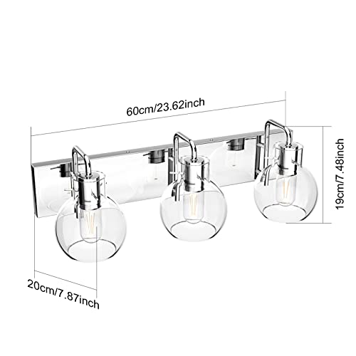 Image of Tipace Modern Bathroom Vanity Lighting Fixtures 3-Lights Industrial Stainless Steel Chrome Finish with Globe Clear Glass Vanity Lights Farmhouse Bath Lighting(Exclude Bulb)