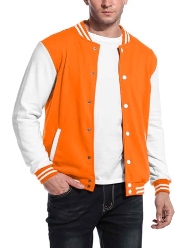COOFANDY Men's Fashion Varsity Jacket Causal Slim Fit Cotton Letterman Baseball Bomber Jackets, Orange, Medium