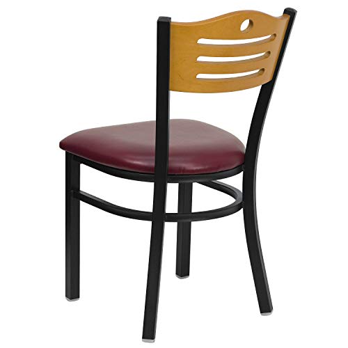Image of Flash Furniture HERCULES Series Black Slat Back Metal Restaurant Chair - Natural Wood Back, Burgundy Vinyl Seat