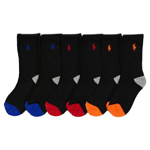 Polo Ralph Lauren Boys' Classic Sport Crew Socks-6 Pair Pack-Soft Stretchy Yarn & Stay Up Top