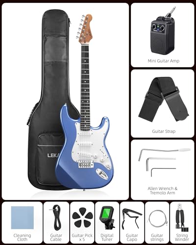 Image of LEKATO Beginner Electric Guitar Kit 39 Inch Full Size Solid Body Guitar SSS for Starter Roasted Maple Neck Stainless Steel Frets, 5w Plug-in Amp, Bag, Tuner, Capo, Strap, Picks, String, Cable - Blue
