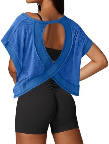 UNIANKIYA Open Back Workout Tops for Women Loose Fit Athletic Cro...
