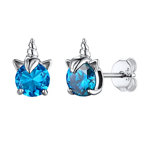 PSVOD Earrings 925 Sterling Silver Unicorn Earrings for Girls, Hypoallergenic Stud Earrings with Jan. to Dec Birthstone Crystal Stud Earrings Little Gift for Daughter (Color : Sky Blue)