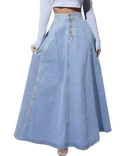 Femiserah Women's Retro High Waisted Button Fly Flared Long Jean Skirts A Line Pleated Flowy Swing Denim Maxi Skirts
