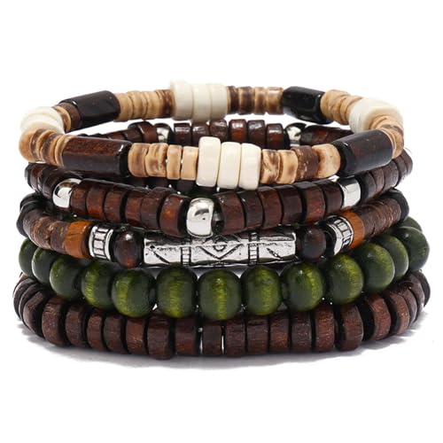 5pcs Womens Mens Wooden Bead Bracelet Set - Funky Style, Beads Bracelets for Father'S Day, Mother'S Day, Christmas, Birthdays, Thanksgiving Gift