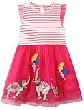 Hongshilian Toddler Girls Casual Cotton Dress Cartoon Appliques Short Sleeve Summer Playwear Dresses(8T,Elephant&Coconut)