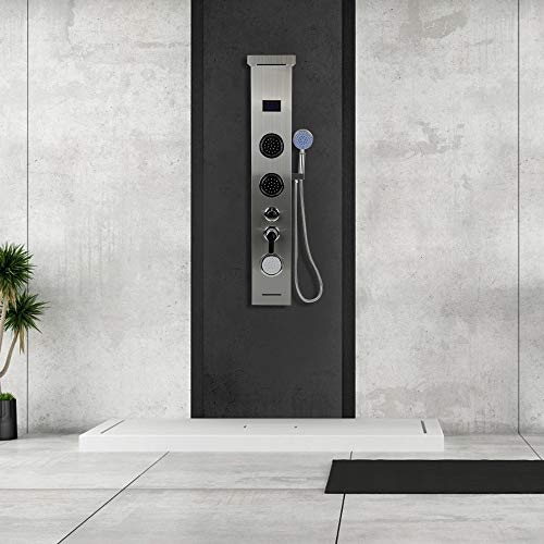 Colonne de Douche,Panneau de Douche Carré Multifonction Acier Inox 304 Mitigeur Douche Salle de Bain avec Écran LCD Affichage de La Température et Lumières LED,5 Modes D’eau, 6.5 * 20 * 123.5cm
