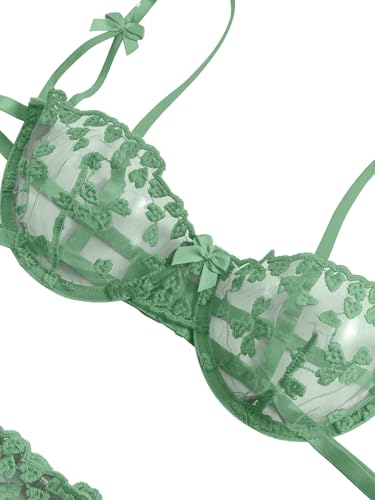 Image of Lilosy Sexy Tie Side Cute Underwire Push Up Strappy Embroidered Mesh Sheer Lingerie Set
