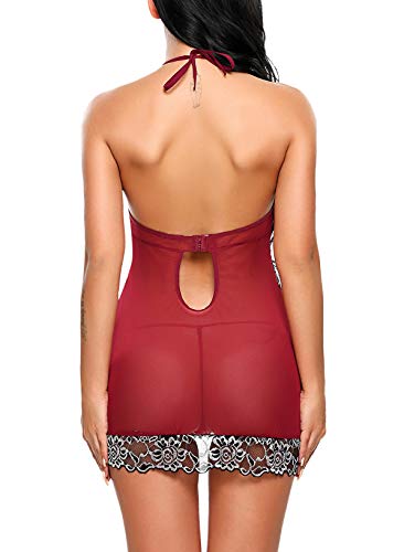 Avidlove Sexy Lingerie for Women Halter V-Neck Lingerie Lace Babydoll Mesh Chemise Nightwear Outfits Dark Red S