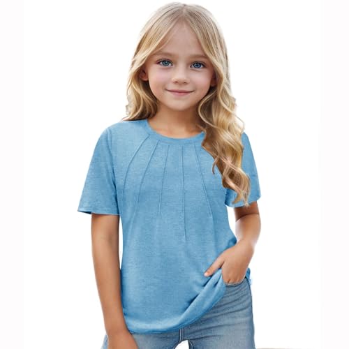 Girls Pleated T-Shirts Ruffle Short Sleeve Crewneck Solid Color Loose Shirts Summer Casual Basic Fashion Tees Tops3