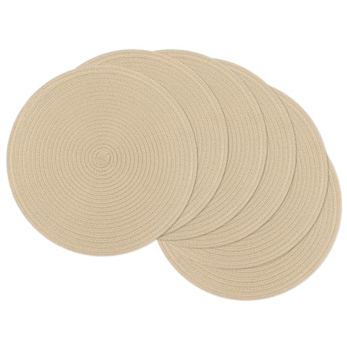 Image of SHACOS 15 inch Round Braided Placemats Set of 6 Cotton Polyester Heat Resistant Table Mats Washable Place Mats for Dinner Party Table Decoration (Light Beige, 6)