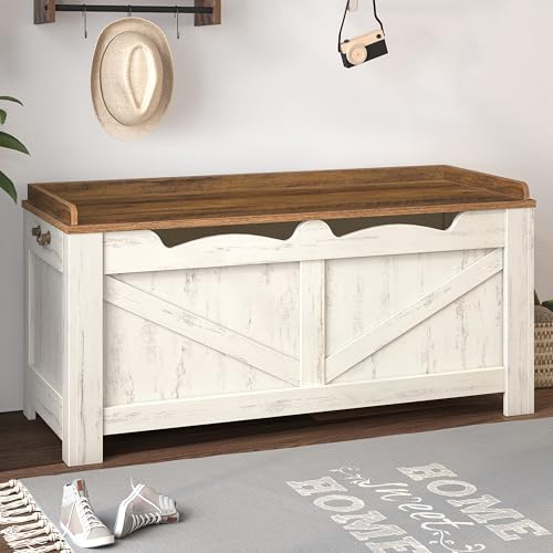 Image of Hzuaneri 39.4" Storage Chest, Extra Large Storage Trunk with 2 Hinges, Wooden Box Bench, Lift-Top Organizer Chest, Shoe Bench for Entryway, Bedroom, Living Room, White and Brown SB04514B