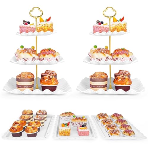 5 Pcs Dessert Table Display Set - 2 Pcs 3-Tier Dessert Display Stands & 3 Pcs Serving Tray - Dessert Trays Dessert Stands Treat Table Displays Set for Tea Parties,Birthdays & Baby Showers
