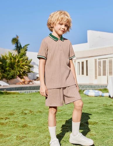 Image of Arshiner Boys 2 Piece Outfits Button Polo Shirt & Elastic Shorts 4-13 Years