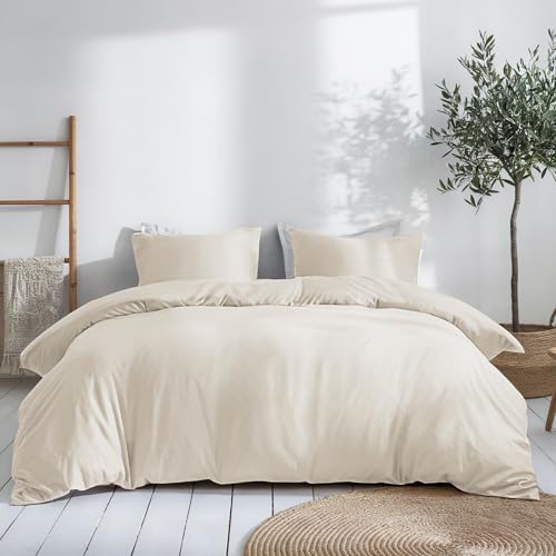 Dreamzie Funda Nordica Algodon Satinado 200x200 cm - Beige - Ropa de Cama, Funda Edredon 200x200 cm y 2 Funda Almohada 80x80 cm - Algodón Satinado - 3 Piezas