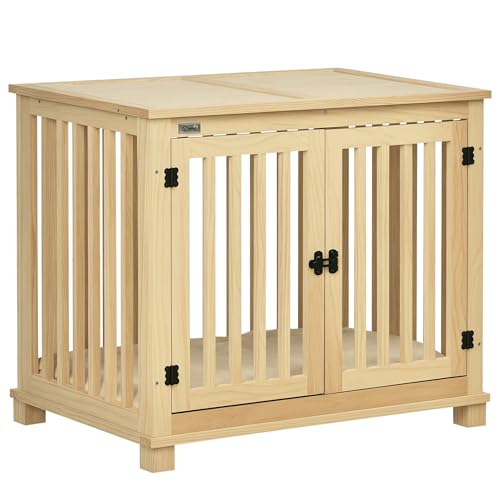 PawHut Wooden Dog Crate End Table w/Double Doors, Furniture Style Dog Crate for Medium Dogs, Indoor Use w/Soft Washable Cushion