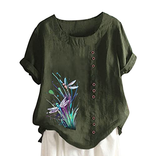 Tops de linho para mulheres verão feminino algodão solto manga curta moda gola redonda moda solta co