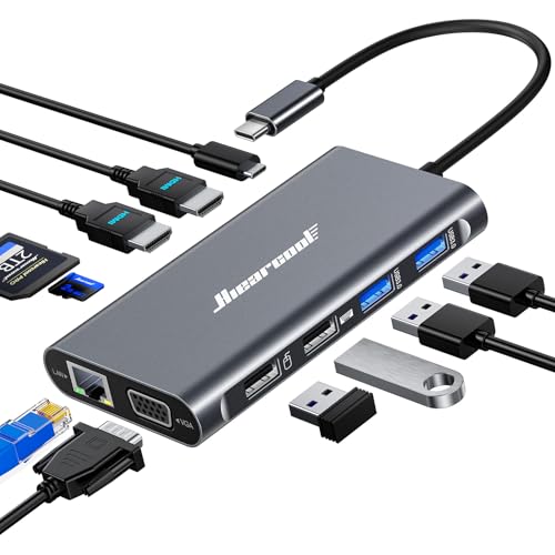 Image of Hiearcool USB-C Docking Station for Laptop, Triple Display Dock with 4K HDMI & 1080p VGA, 11-in-1 USB-C Dock with Ethernet, 100W Charging for Home Office