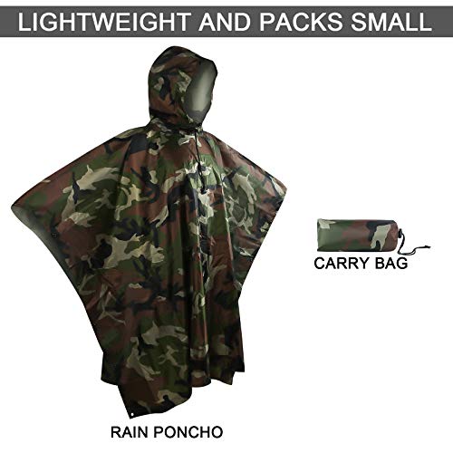 Fousam Camo Poncho, Waterproof Ripstop Hooded Raincoat Lightweight Packable Rain Cover for Hunting Camping Backpacking Emergency Tent Shelter Us Woodland