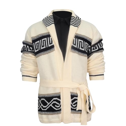 Mens Shawl Collar Cardigan Sweater Western Aztec Cable Knit Sweater Chunky Long Sleeve Winter Casual Belted Cardigans4
