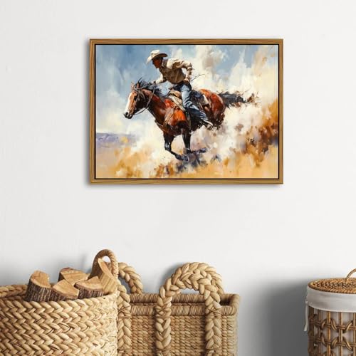 Image of Western Cowboy Wall Art for Living Room Cowboy Riding Horse Canvas Prints Vintage Western Rodeo Wall Decor Horse Rider Picture Rustic Farmhouse Framed Artwork for Bedroom Office Home Decoration 12x16