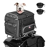 Motorcycle Dog Carrier Bag Up to 28 lbs for Medium Dogs & Cat with Foldable Bowls, Motorcycle-Specific Pet Carrier for Rear Seat or Luggage Rack, Breathable Mesh, Rain Cover Included