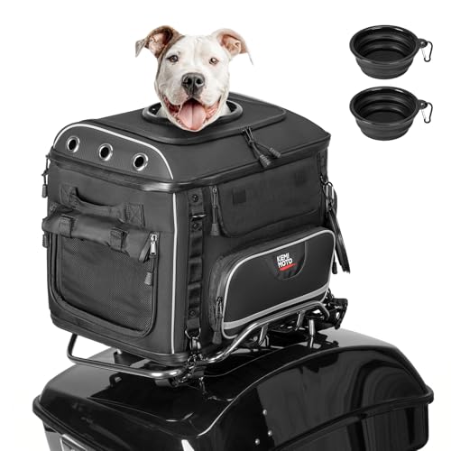 KEMIMOTO Motorcycle Dog Carrier Bag Up to 28 lbs for Medium Dogs & Cat with Foldable Bowls Motorcycle-Specific Pet Carrier for Rear Seat or Luggage Rack Breathable Mesh Rain Cover Included
