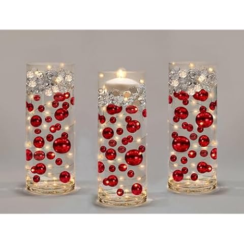 200 Floating Red Pearls with Matching Sparkling Gems-Jumbo Sizes-Fills 4 Gallons of Transparent Gels for Floating Effect-with Measured Floating Gels Prep Bags for Best Results! Cover